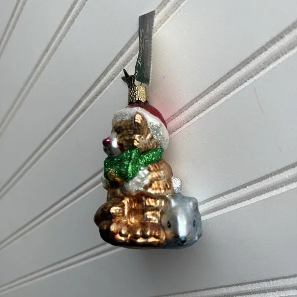 Old World Christmas Blown Glass Cat With Toy Mouse w/ Tag OWC Glitter VINTAGE - Picture 3 of 7